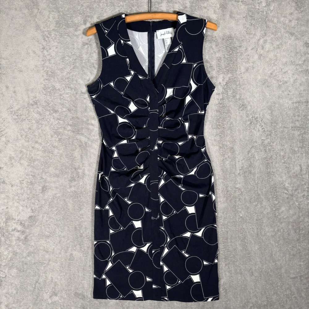 Joseph Ribkoff Black White Geometric Ruched Sheath Dress Sleeveless Size 8